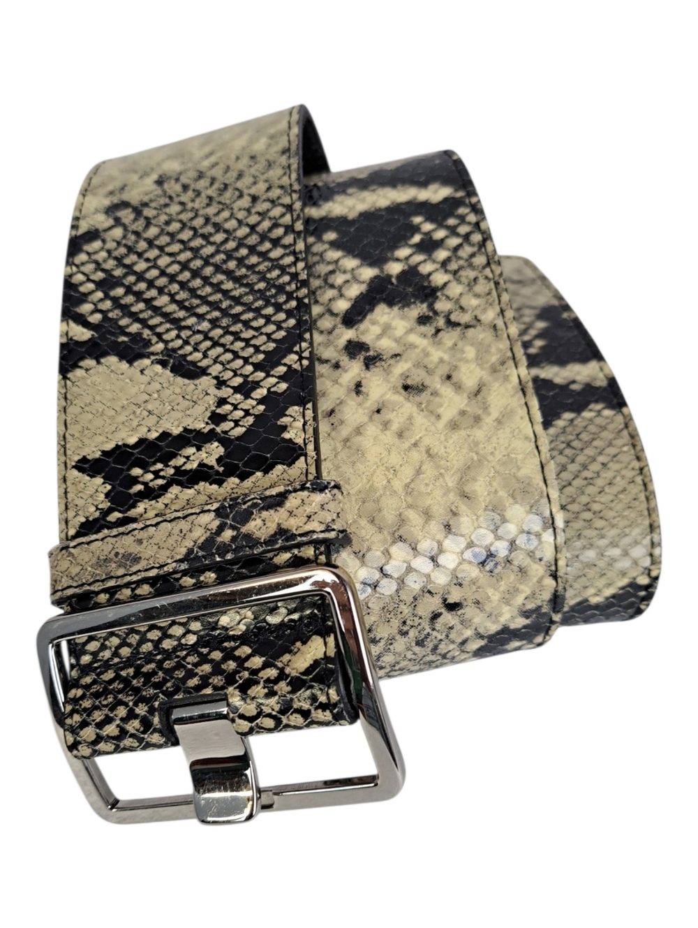 Club Monaco Snakeskin Print Leather Belt Black Beige Silver Buckle‎